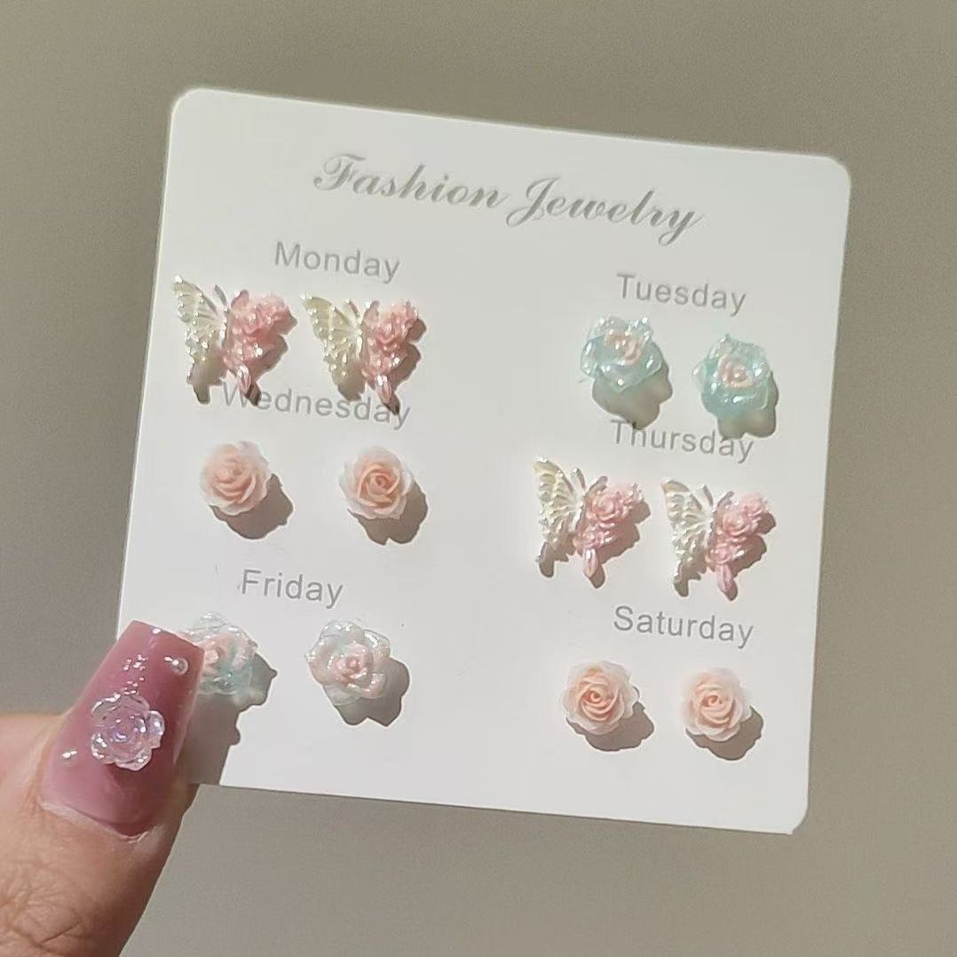 UNI-11579 - Pastel Pink Color Flower & Butterfly - Ear Studs Set Of 6