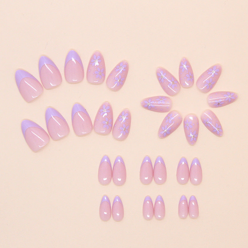N-102 - Flowers & Purple Pastel - Press On Nail Set Of 24