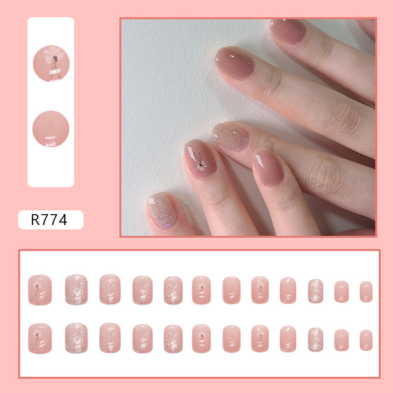 N-110 - Glitter Pink & Flower  - Press On Nail Set Of 24