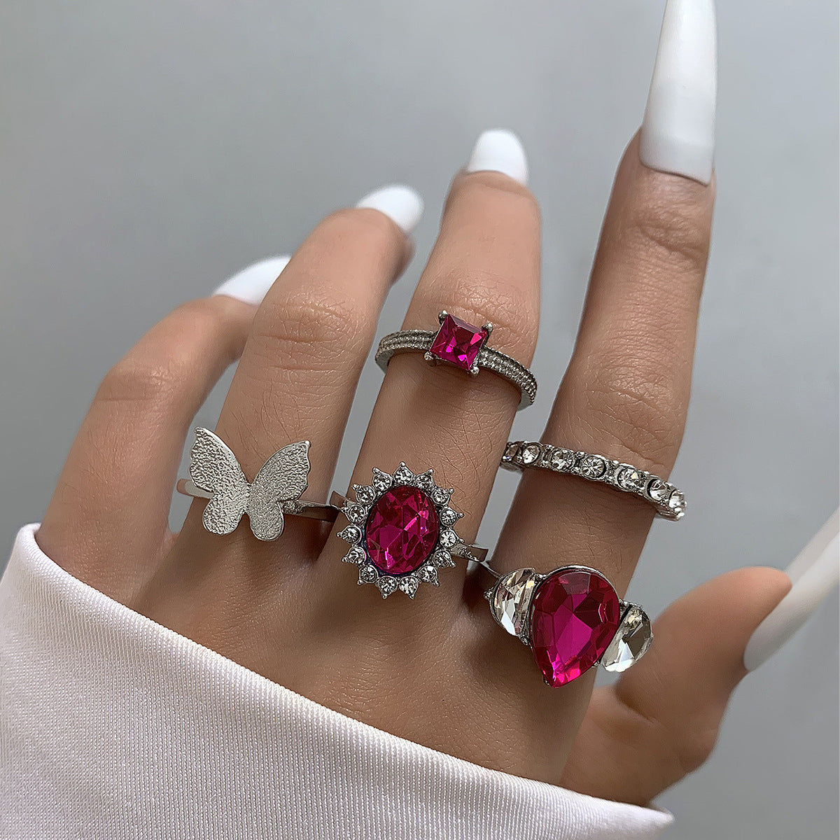 UNI-10781-2 -Silver Butterfly & Hot Pink Crystal Diamond  - Ring Set Of 6