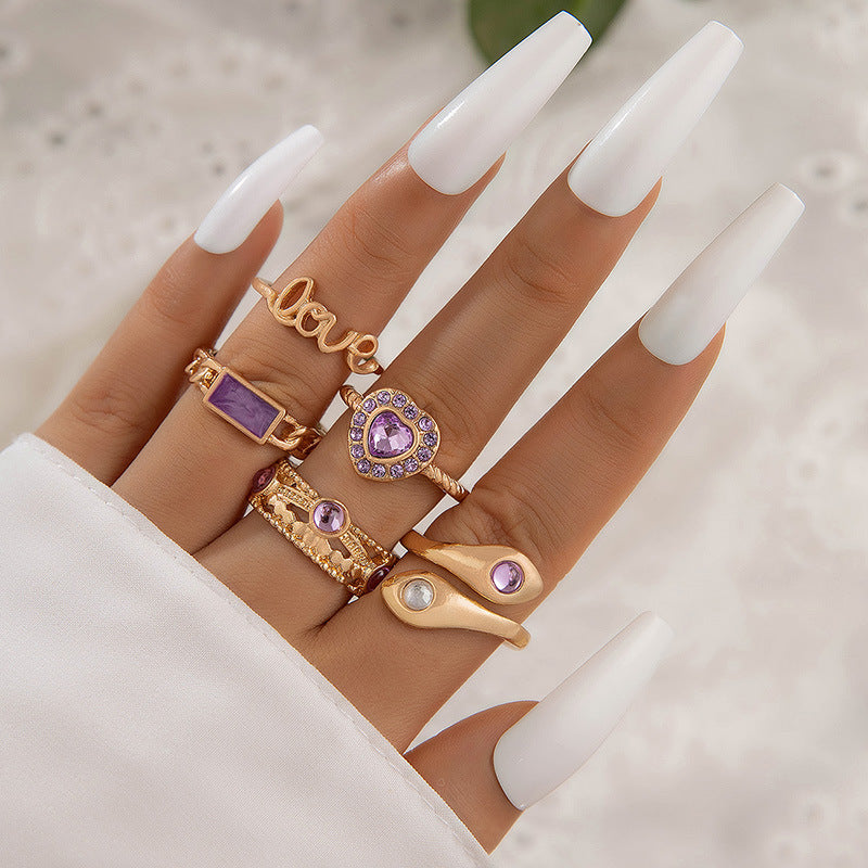 UNI-10770-3 - Love & Purple Diamond  - Ring Set Of 5