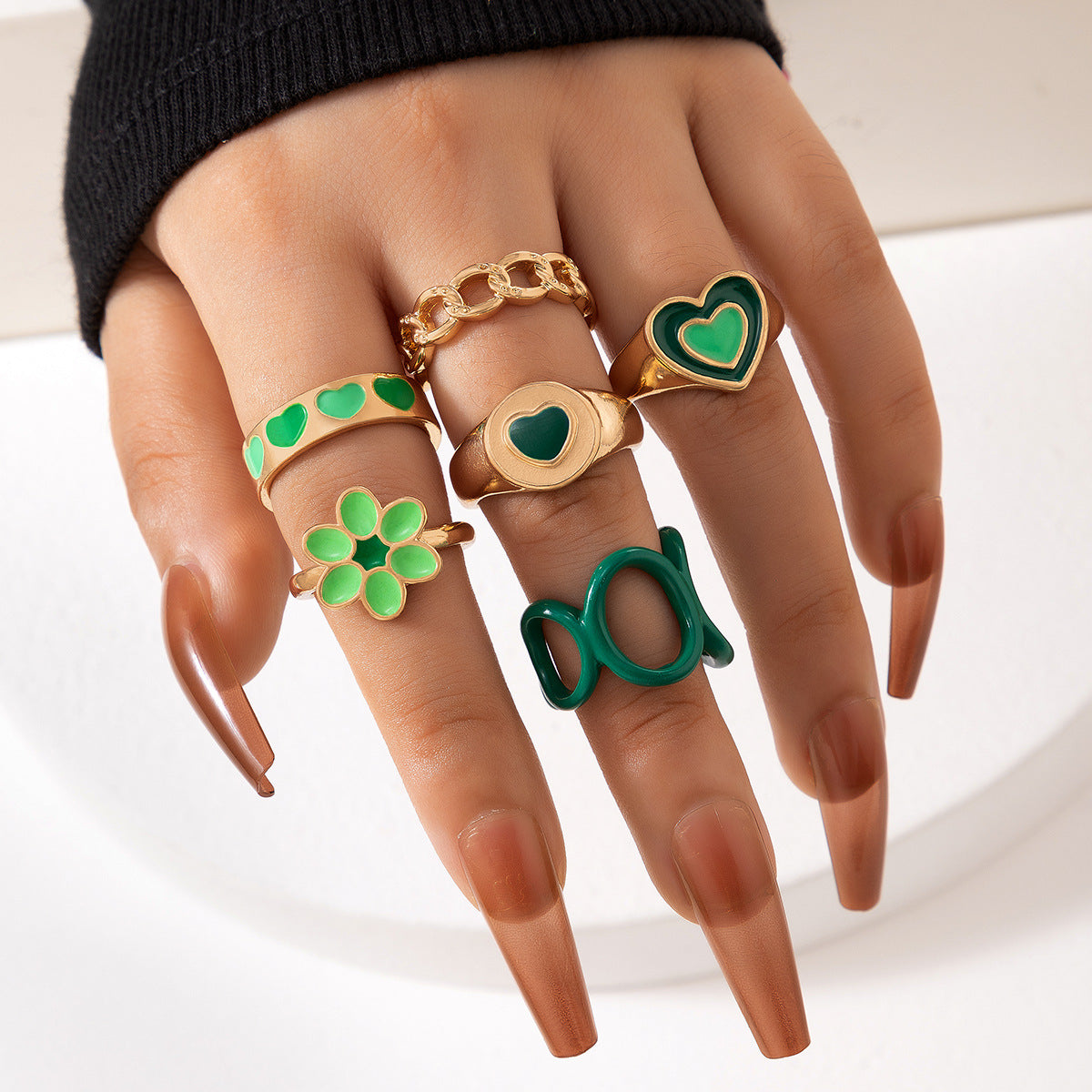 UNI-10771-2  - Green Color Gold Enameled - Ring Set Of 6