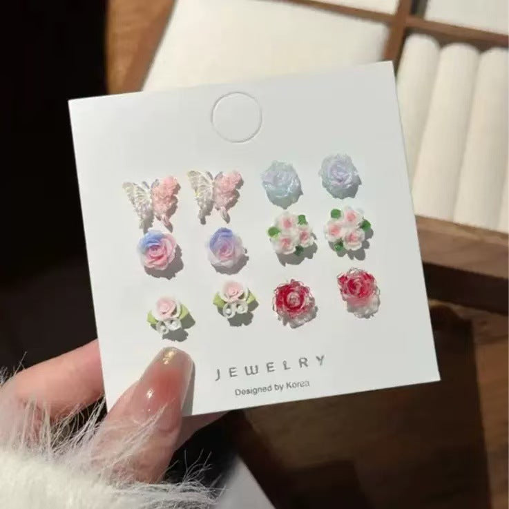 UNI-11580 - Pastel Color Flower & Butterfly - Ear Studs Set Of 6