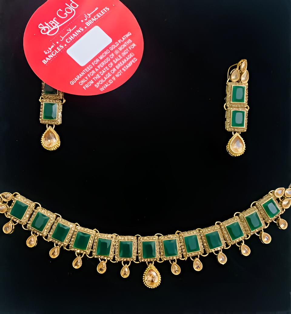 UNI-302 - Indian Gold Gem Green Stoned Earrings and Haar  - Jewelry Set